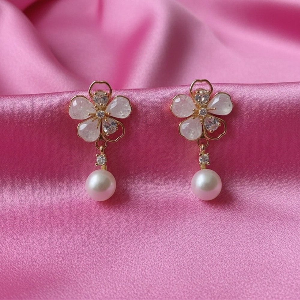 Freshwater Pearl Flower Drop Earrings in Gradient Blue Crystal, S925 Needle‎